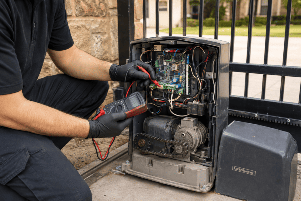 Technician testing the control board of a LiftMaster sliding gate operator with a multimeter.