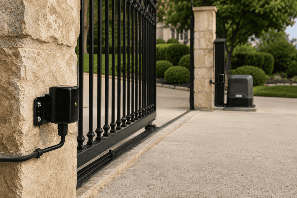 Aligned photo-eye safety sensors installed across a residential sliding gate opening.