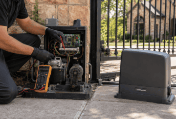 Technician diagnosing an existing sliding gate operator beside a LiftMaster replacement operator.