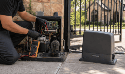 Technician diagnosing an existing sliding gate operator beside a LiftMaster replacement operator.