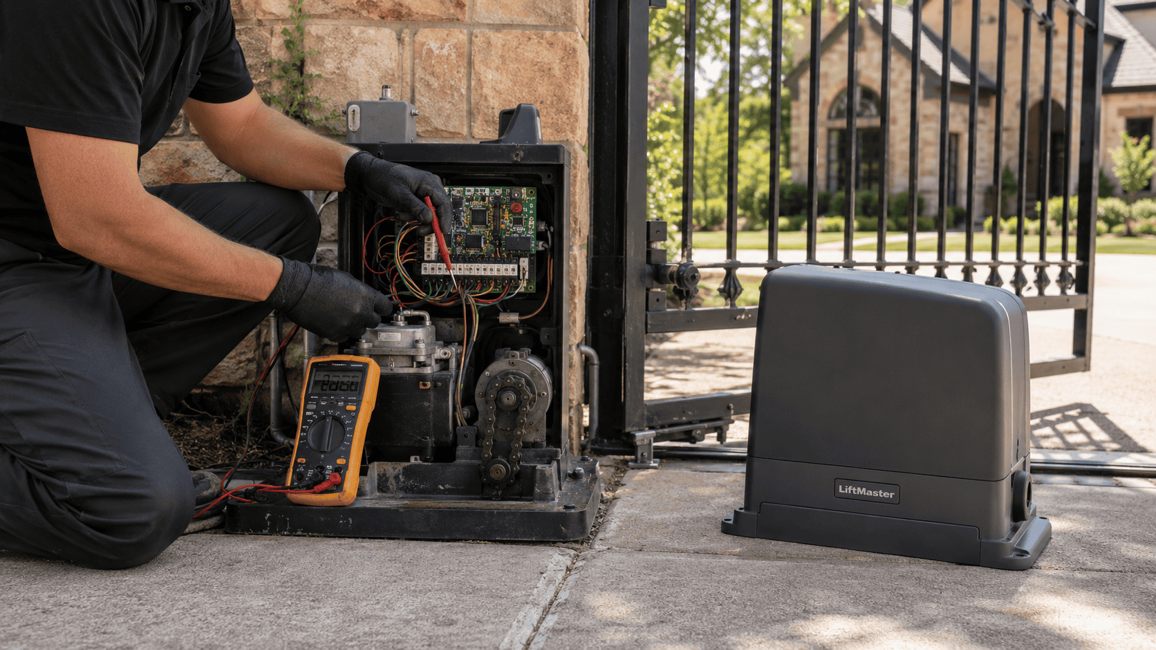Technician diagnosing an existing sliding gate operator beside a LiftMaster replacement operator.