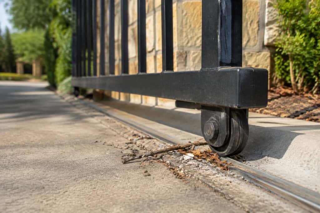 Small debris and gravel gathered beside a roller on a residential sliding gate track