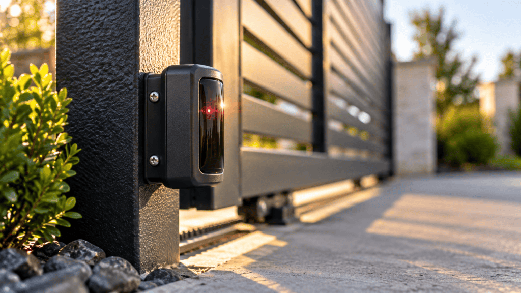 Close-up of a photoelectric safety sensor mounted on an automatic gate post