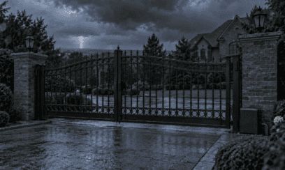 Automatic driveway gate closed during a power outage with stormy sky in the background