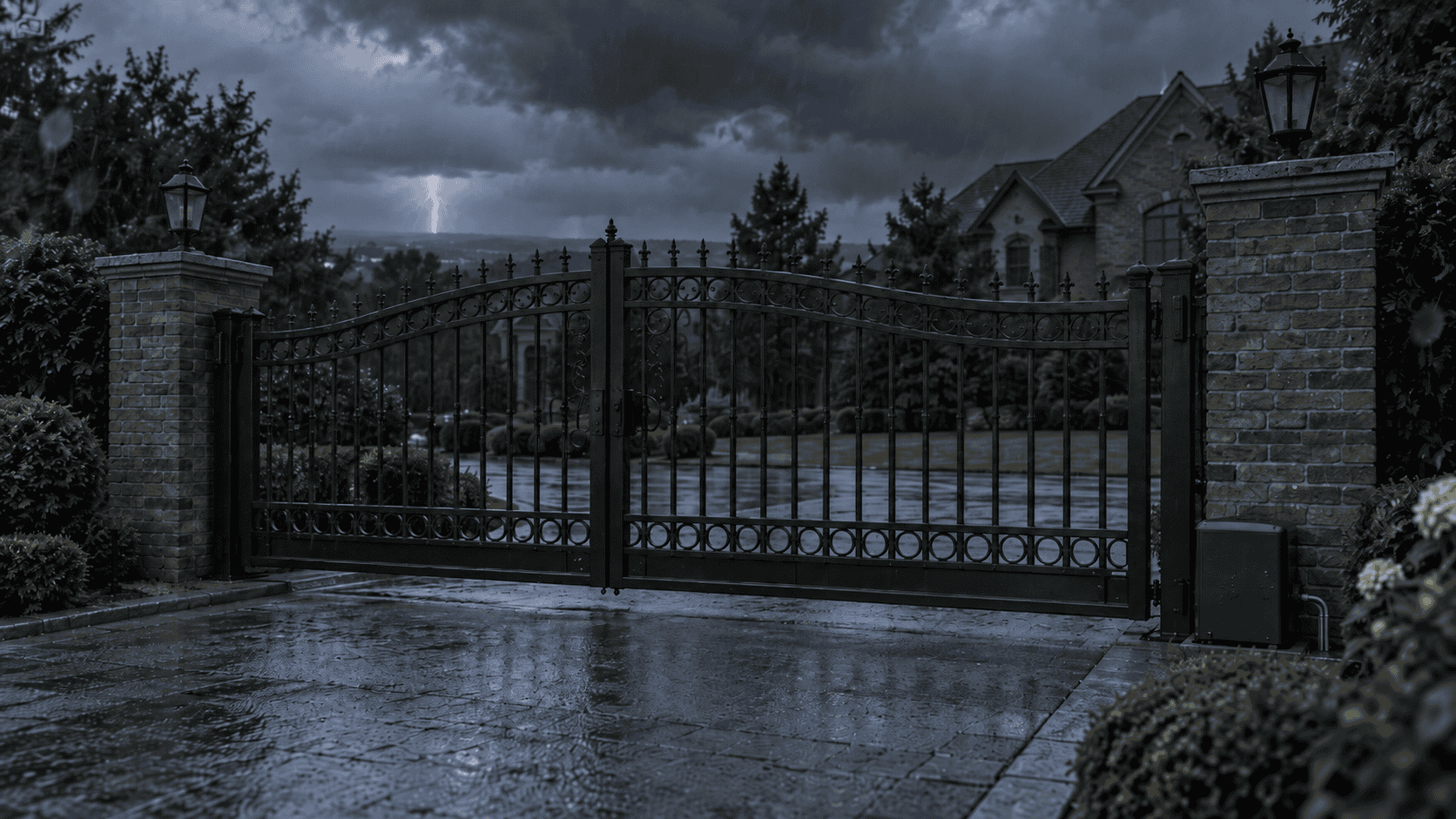 Automatic driveway gate closed during a power outage with stormy sky in the background
