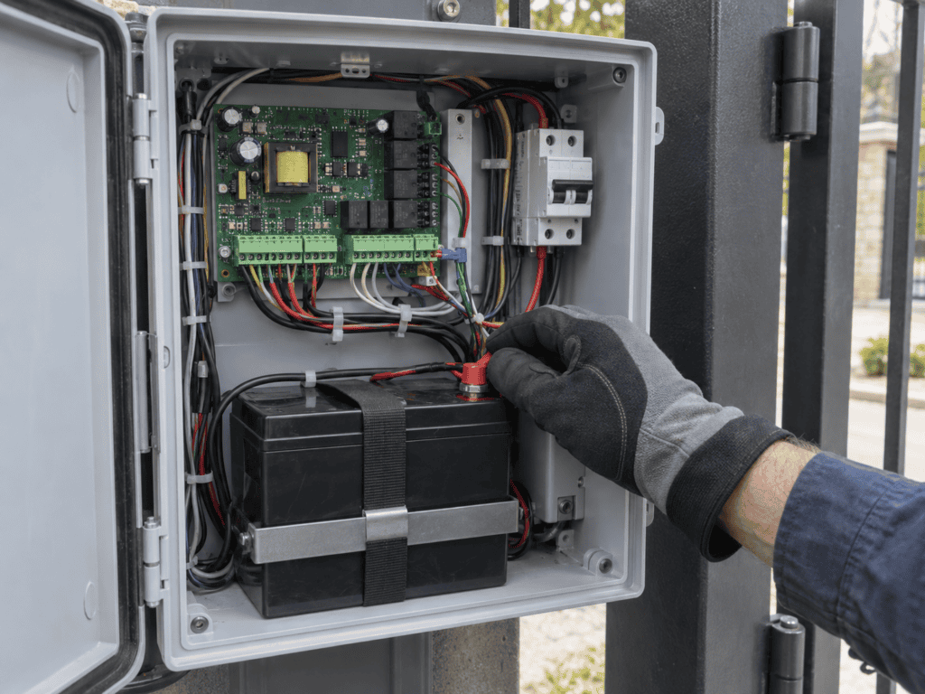 Technician inspecting a battery backup unit inside an automatic gate operator control box