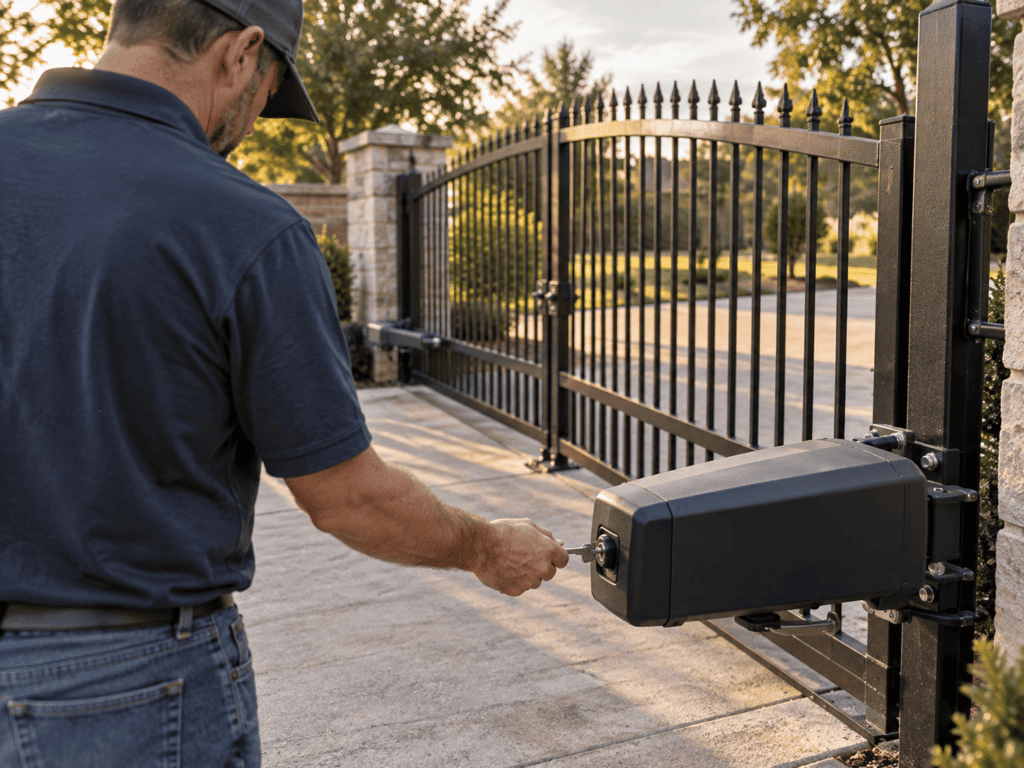 Person using a manual release key on an automatic gate operator while standing clear of the gate's travel path