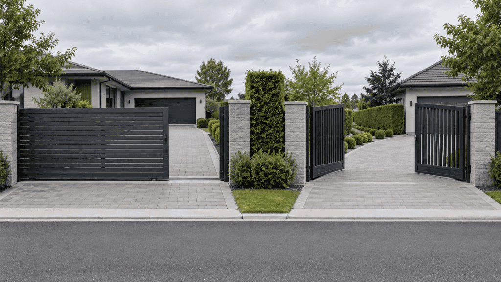 Side-by-side comparison of a sliding gate track and a swing gate hinge