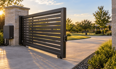 Automatic driveway gate with an entrapment-protection sensor mounted on the post