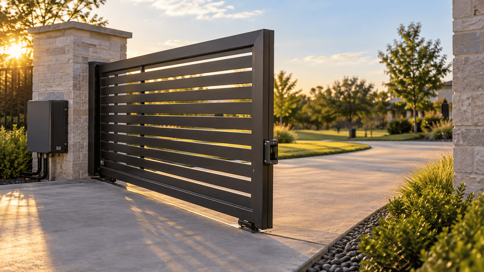 Automatic driveway gate with an entrapment-protection sensor mounted on the post