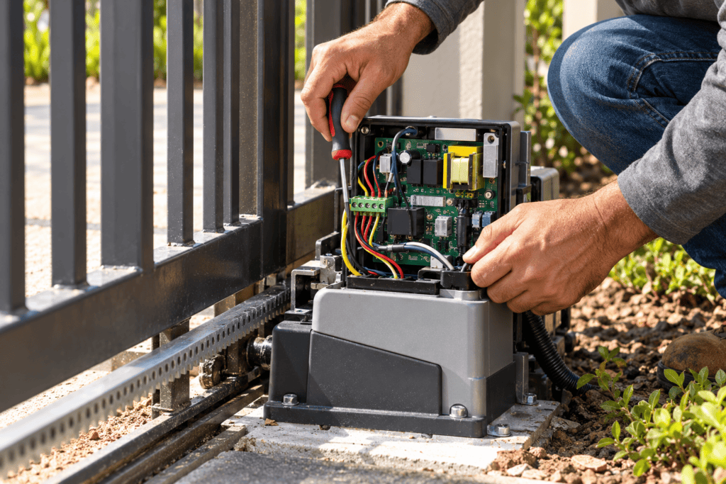 Technician inspecting the exposed circuit board and wiring inside an automatic sliding gate operator