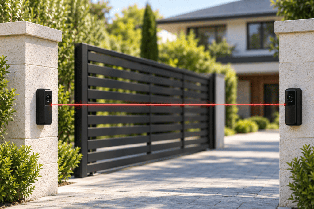 Photo-eye safety sensors mounted across a residential automatic driveway gate opening