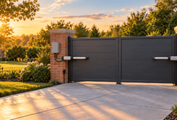 Closed black swing driveway gate with brick pillars, a new operator arm, and a weatherproof control box at golden hour