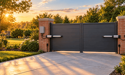 Closed black swing driveway gate with brick pillars, a new operator arm, and a weatherproof control box at golden hour