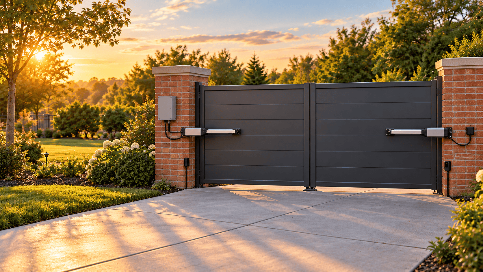 Closed black swing driveway gate with brick pillars, a new operator arm, and a weatherproof control box at golden hour