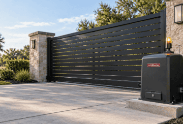 LiftMaster RSL12UL slide gate operator beside a closed residential driveway gate