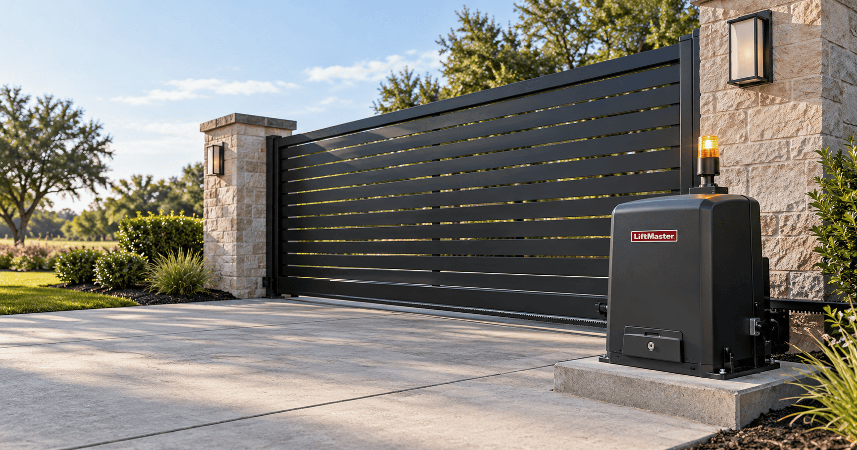 LiftMaster RSL12UL slide gate operator beside a closed residential driveway gate