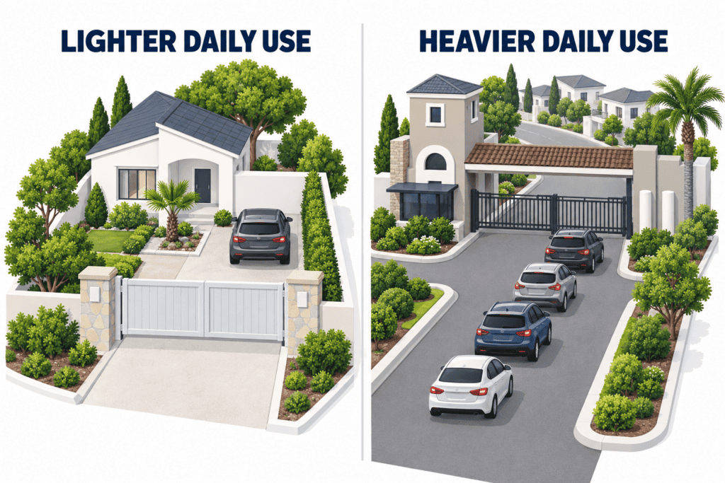 Illustration comparing a lightly used single-family driveway gate with a busier shared community entrance gate