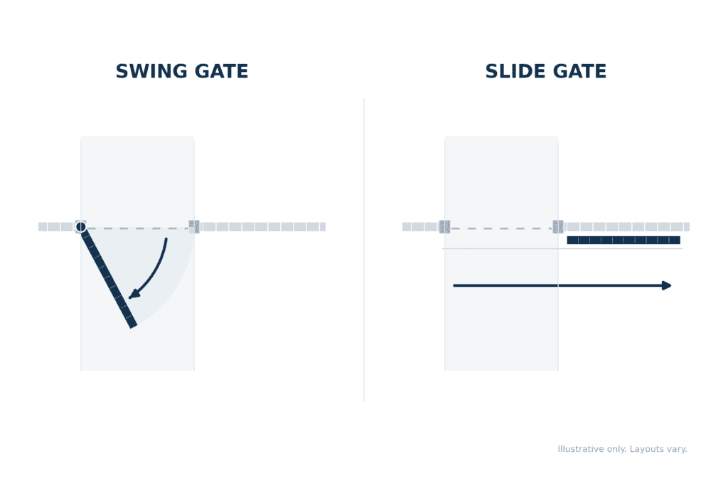 Side-by-side top-down diagram of a swing gate opening in an arc and a slide gate moving sideways